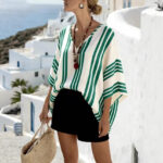 Loose-fit Batwing Sleeve Striped Top T-shirt - Image 2