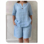 V-neck Buttoned Short-sleeve Shorts Set With Pockets - Image 6
