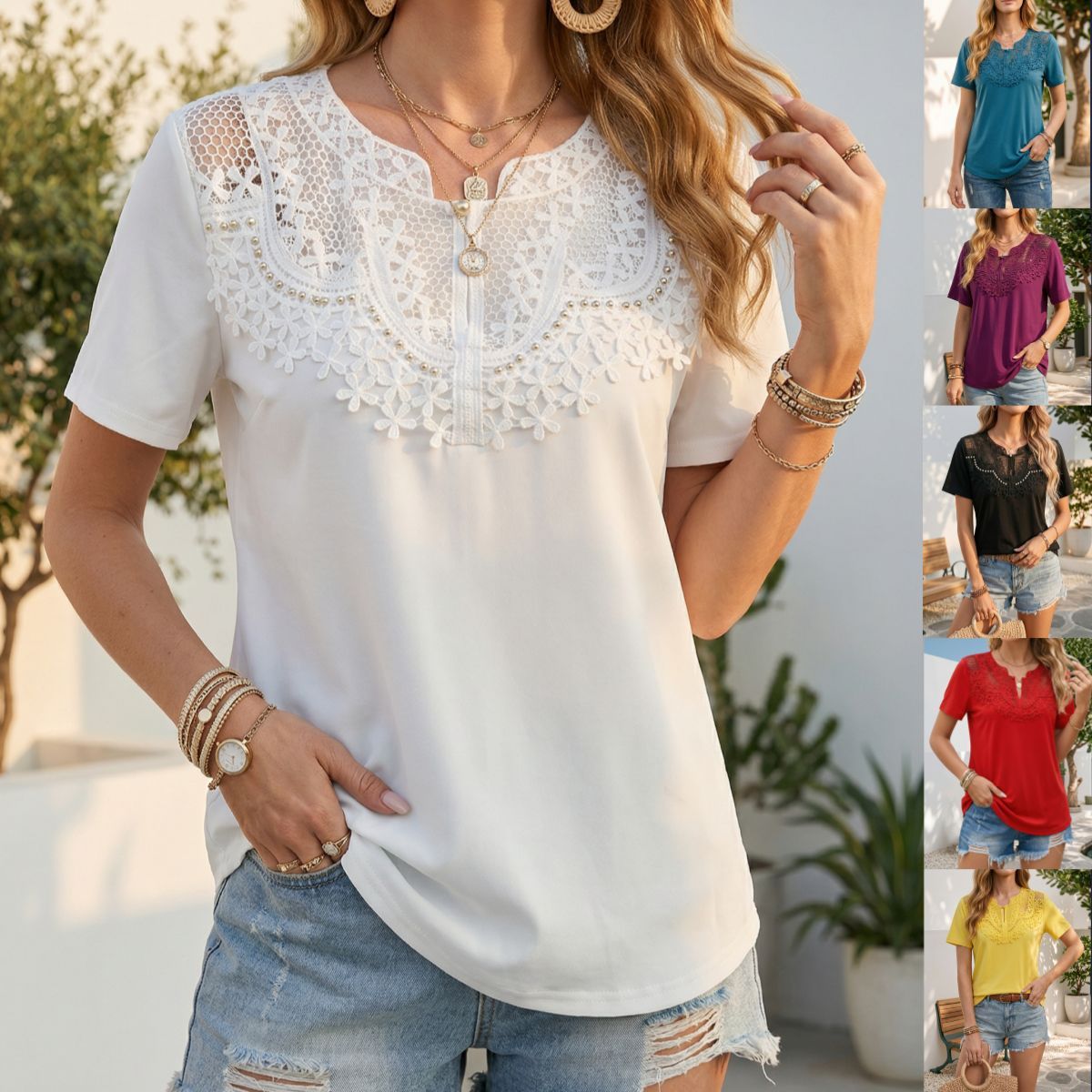 27676473-d15b-4419-8d42-2620901718a8.jpg Hollow-out Pearl-trimmed Loose Short-sleeve T-shirt For Women - Image 1
