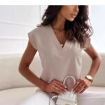 Solid-color Sleeveless V-neck Womens Casual Shirt - Image 9