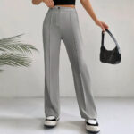 Womens Straight Flare Pants With High-Waisted Stitching Details