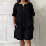 V-neck Buttoned Short-sleeve Shorts Set With Pockets - Image 8