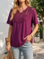 Hollow-out Pearl-trimmed Loose Short-sleeve T-shirt For Women - Image 6