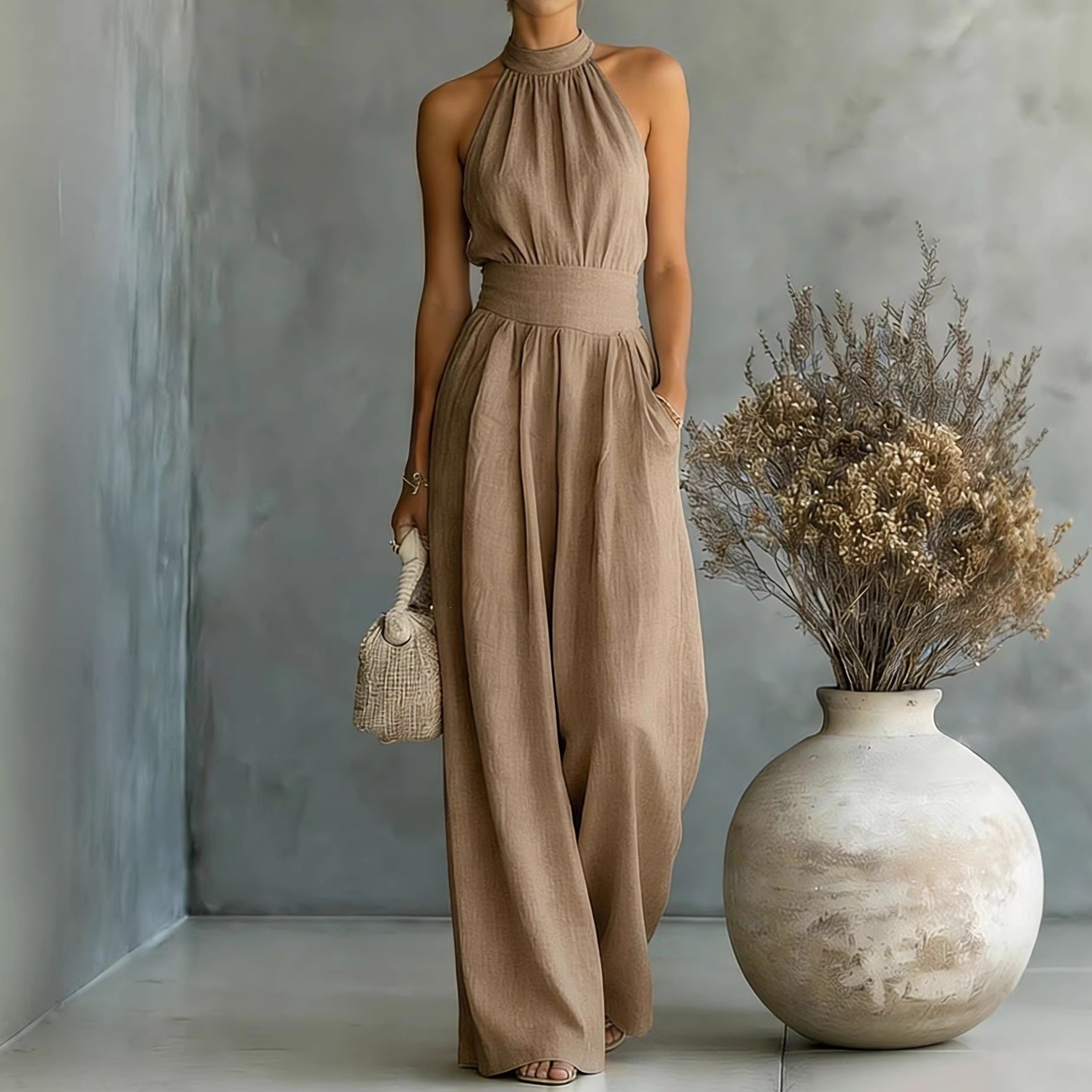 495428a7-1850-4bbb-af74-9904e8ceb55d.jpg Sleeveless Halter Jumpsuit Loose-fitting - Image 1