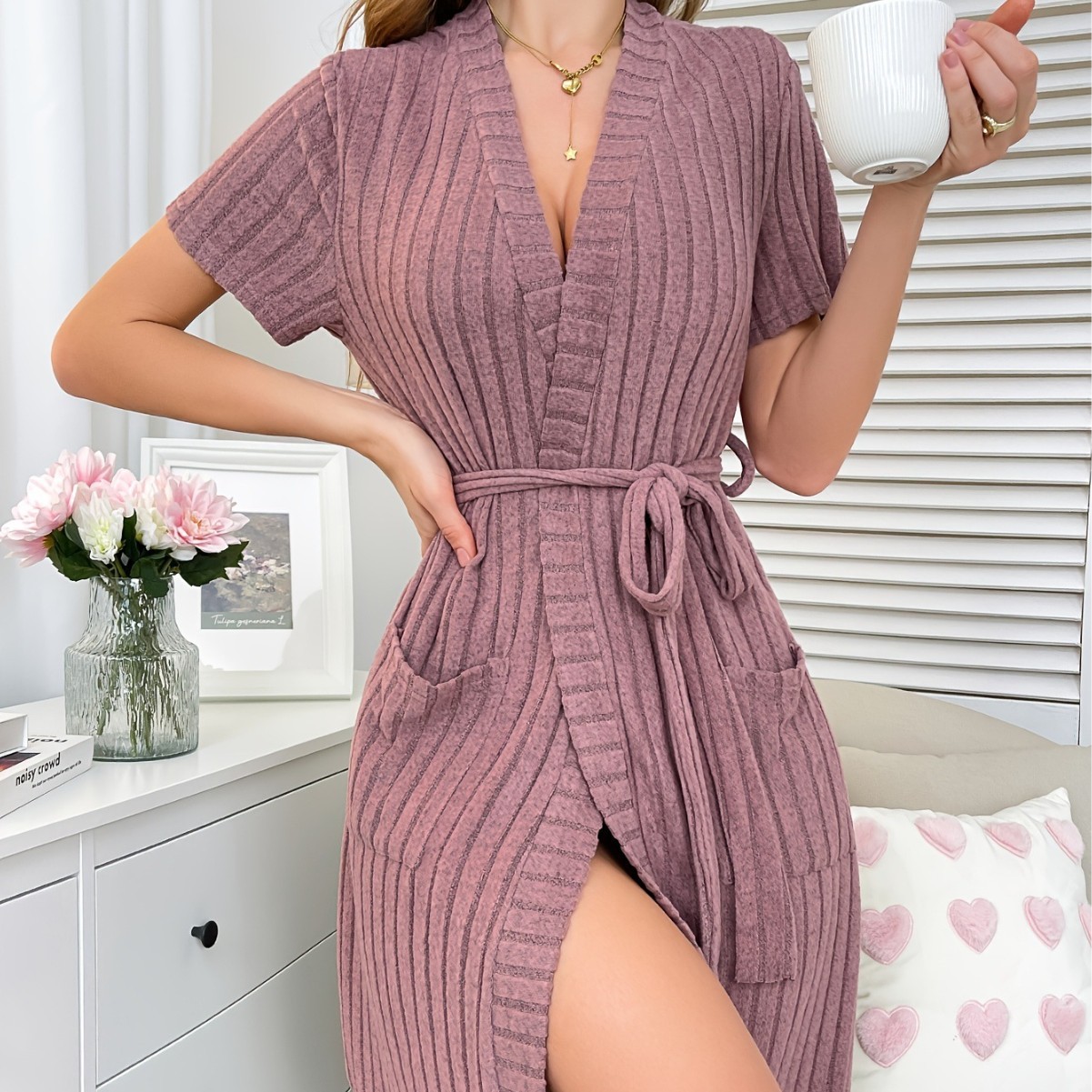 50f09c99-b219-401f-b971-251836385119.jpg Elegant V-Neck Short-Sleeve Solid-Colored Rib-Knit Belted Bathrobe - Image 1