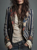 Women's Bohemian Color-Block Striped Blazer - Image 3