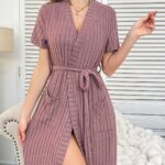 Elegant V-Neck Short-Sleeve Solid-Colored Rib-Knit Belted Bathrobe - Image 5