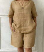 V-neck Buttoned Short-sleeve Shorts Set With Pockets - Image 4