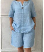 V-neck Buttoned Short-sleeve Shorts Set With Pockets - Image 3