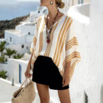 Loose-fit Batwing Sleeve Striped Top T-shirt - Image 3