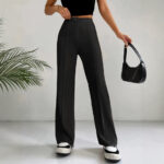 Womens Straight Flare Pants With High-Waisted Stitching Details - Image 2