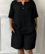 V-neck Buttoned Short-sleeve Shorts Set With Pockets - Image 5