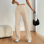 Womens Straight Flare Pants With High-Waisted Stitching Details - Image 4