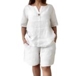 V-neck Buttoned Short-sleeve Shorts Set With Pockets - Image 2