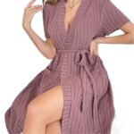 Elegant V-Neck Short-Sleeve Solid-Colored Rib-Knit Belted Bathrobe - Image 2
