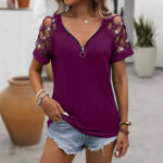 Womens Chain Hollow-out Hot-studded Short-sleeve Top - Image 2