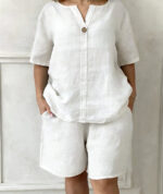 V-neck Buttoned Short-sleeve Shorts Set With Pockets - Image 9