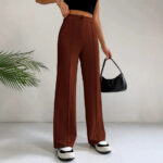 Womens Straight Flare Pants With High-Waisted Stitching Details - Image 3