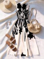 Foreign Trade Women's Dress 2026 Summer French-style Elegant Printed Sleeveless Waist-cinching Midi Dress With A Flared Skirt - Image 2