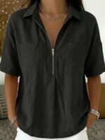 2026 New European American Women Casual Shirt, Loose Fit Collared VNeck Blouse With Zip Pocket, Solid Short Sleeve Top - Image 6