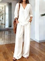 2026 Spring & Summer New Arrival Women's Casual Loose V-Neck Pullover Long-Sleeve Solid Color Two-Piece Set