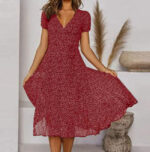 Printed V-Neck Short-Sleeved Lace-Up Dress - Image 4
