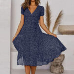 Printed V-Neck Short-Sleeved Lace-Up Dress - Image 10