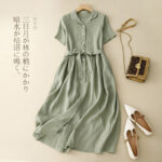 2026 Summer Retro Cotton Linen Dress, Tie Waist Swing Maxi Dress - Image 3
