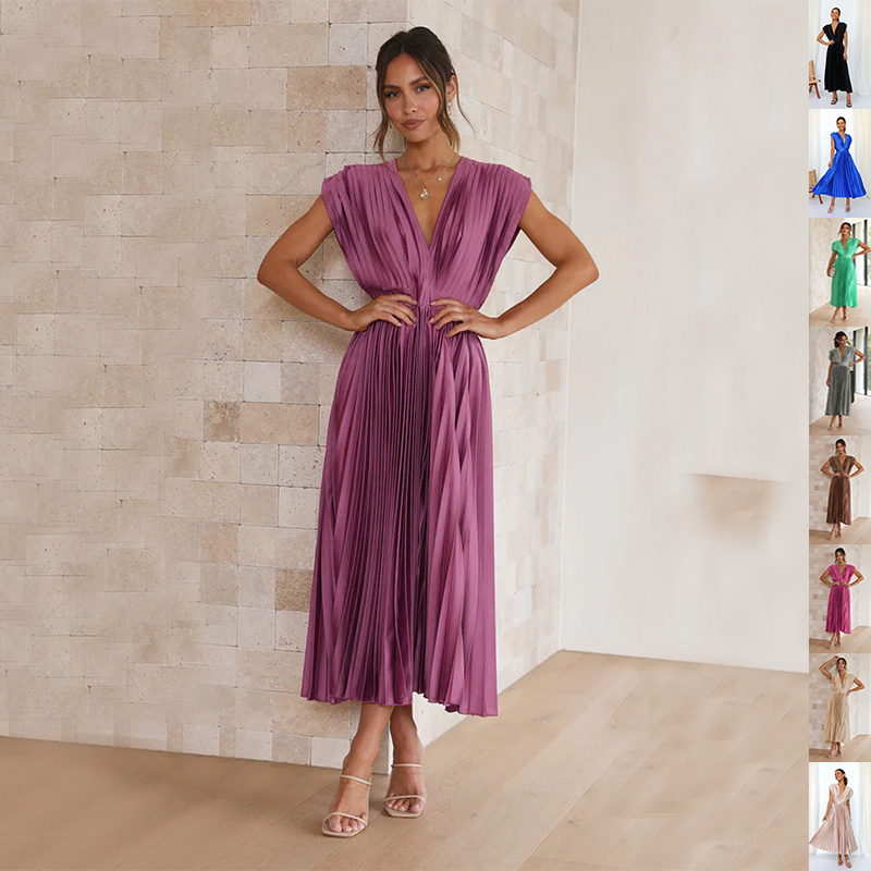 29318f6a-34a5-48d9-8ff0-ce01b37d8950.jpg Summer V-neck Pleated Dress INS Fashion Casual Loose Zip Sleeveless Dresses For Women Clothing - Image 1