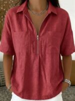 2026 New European American Women Casual Shirt, Loose Fit Collared VNeck Blouse With Zip Pocket, Solid Short Sleeve Top - Image 2