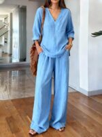 2026 Spring & Summer New Arrival Women's Casual Loose V-Neck Pullover Long-Sleeve Solid Color Two-Piece Set - Image 2