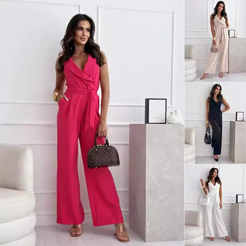 342dec8d-9005-4aaf-a99c-34f3cd85b4d8.jpg V-neck Sleeveless Jumpsuit With Belt Design Summer Fashion Trousers Women's Clothing - Image 1