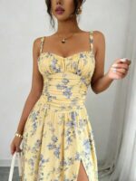 Summer Floral Print High Slit Cami Dress, Beach Vacation Dress - Image 4