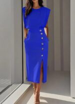 Women's Summer Split Dress With Buttons Casual Sleeveless Midi Dress Clothing - Image 4