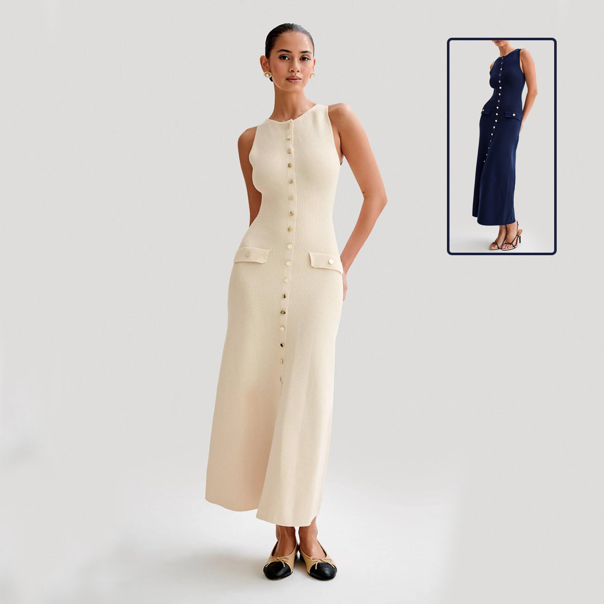 43e15e42-67df-4f06-b08f-23b498698750.jpg Elegant Knitted Sleeveless Dress With Single Breast Fashion Slim Round Neck Long Dresses Womens Clothing - Image 1