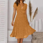 Printed V-Neck Short-Sleeved Lace-Up Dress - Image 8