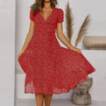 Printed V-Neck Short-Sleeved Lace-Up Dress - Image 2