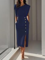 Women's Summer Split Dress With Buttons Casual Sleeveless Midi Dress Clothing - Image 7