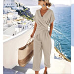 Women's Two Pieces Set Fashion Solid Color Irregular Short Sleeve Suit Summer Fashion V Neck Slim Office Suit Casual Pleated Irregular Top And Pants Female Outfit - Image 5