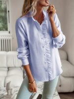 2026 New Western Style Cross-border Stand Collar Autumn Ruffled Cardigan Ruffle Long Sleeve Bubble Top Women's Shirt - Image 3