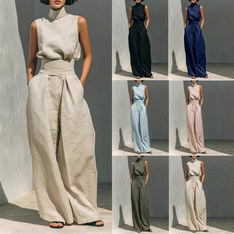 68e1681f-9fc8-4ddf-9501-40de65005617.jpg Casual Sleeveless Suit Summer Stand-up Collar Pullover Top And Loose Straight-leg Trousers Women's Clothing - Image 1