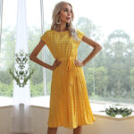 Summer Women Polka Dot Short Sleeve Dress Casual Bandage Party Pleated Midi Dresses Elegant Green Office Lady Clothing - Image 8