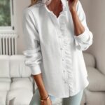 2026 New Western Style Cross-border Stand Collar Autumn Ruffled Cardigan Ruffle Long Sleeve Bubble Top Women's Shirt