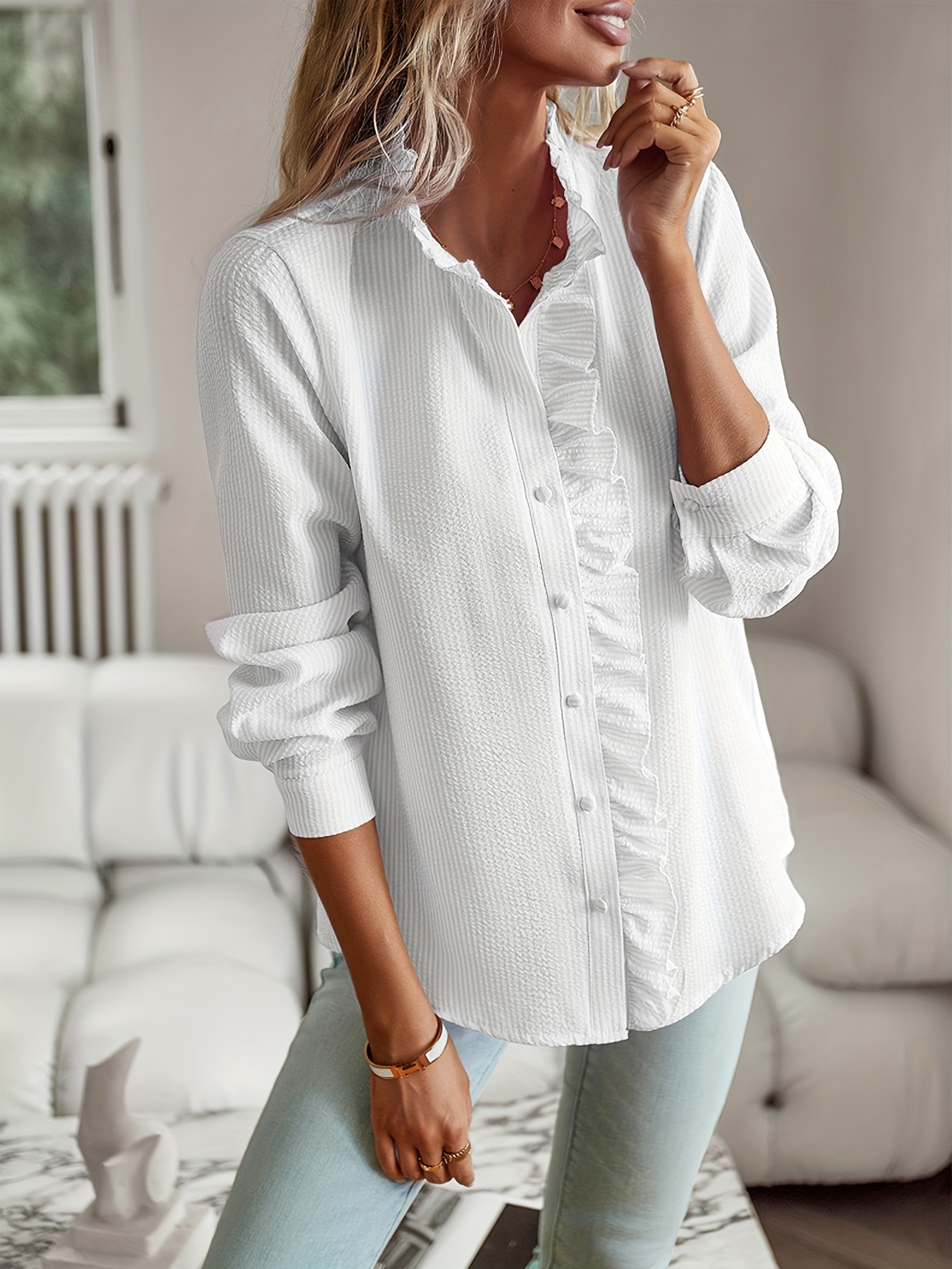 736f7567-7880-4a5f-ab46-d0d83a6c8a53.jpg 2026 New Western Style Cross-border Stand Collar Autumn Ruffled Cardigan Ruffle Long Sleeve Bubble Top Women's Shirt - Image 1