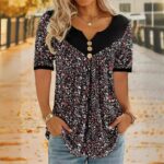 Amazon Ebay New Wish Small Flower Stitching Button Casual Short-sleeved Top