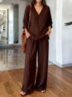 2026 Spring & Summer New Arrival Women's Casual Loose V-Neck Pullover Long-Sleeve Solid Color Two-Piece Set - Image 5