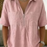 2026 New European American Women Casual Shirt, Loose Fit Collared VNeck Blouse With Zip Pocket, Solid Short Sleeve Top