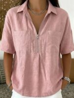 2026 New European American Women Casual Shirt, Loose Fit Collared VNeck Blouse With Zip Pocket, Solid Short Sleeve Top