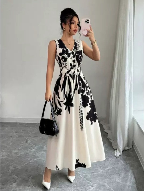 bdc4b039-2c8b-4646-8e26-c842e3a214e4.jpg Foreign Trade Women's Dress 2026 Summer French-style Elegant Printed Sleeveless Waist-cinching Midi Dress With A Flared Skirt - Image 1