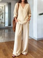 2026 Spring & Summer New Arrival Women's Casual Loose V-Neck Pullover Long-Sleeve Solid Color Two-Piece Set - Image 3
